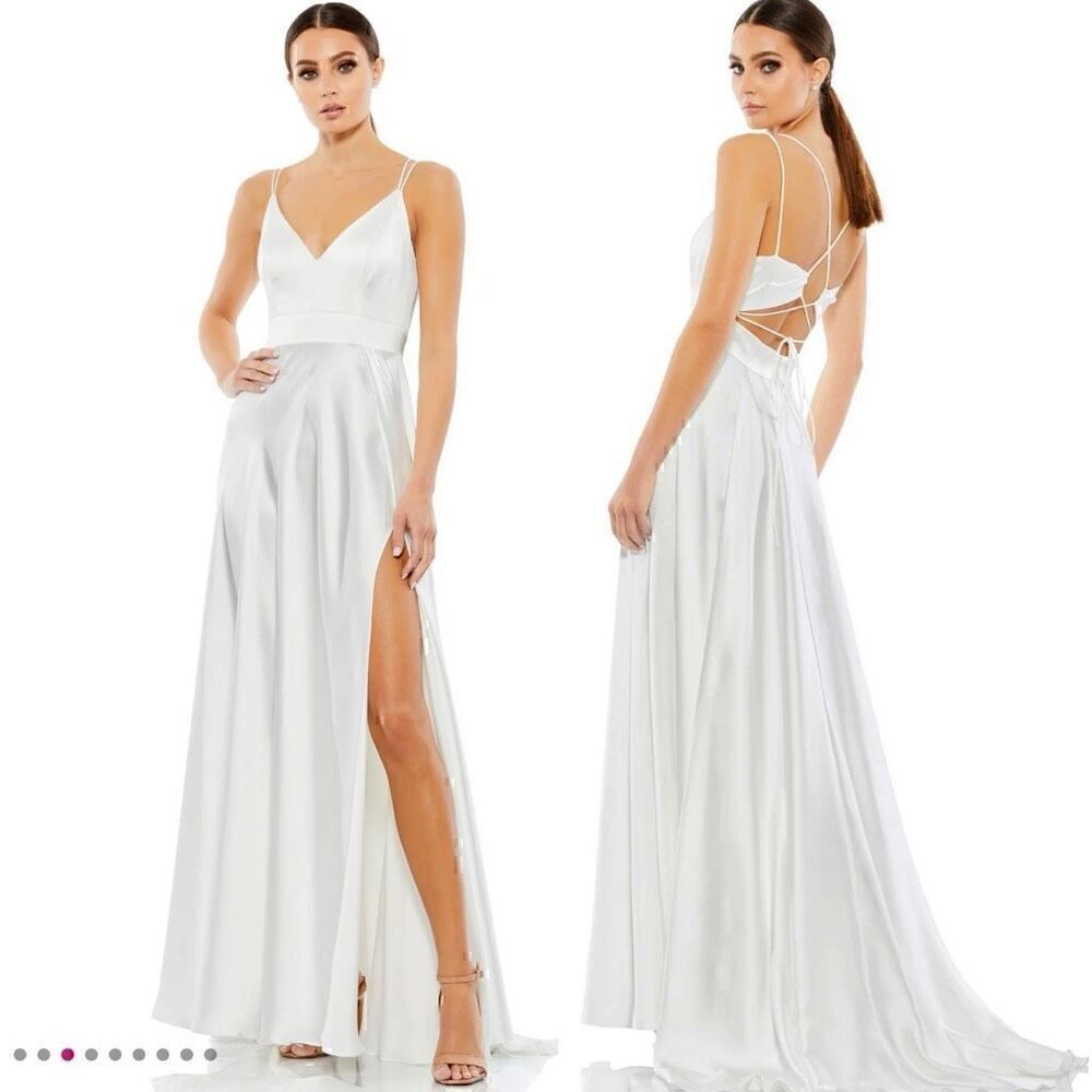 $398 Mac Duggal Long Formal Gown Womens 6 Lace Up Back Bridal Wedding Gala Event